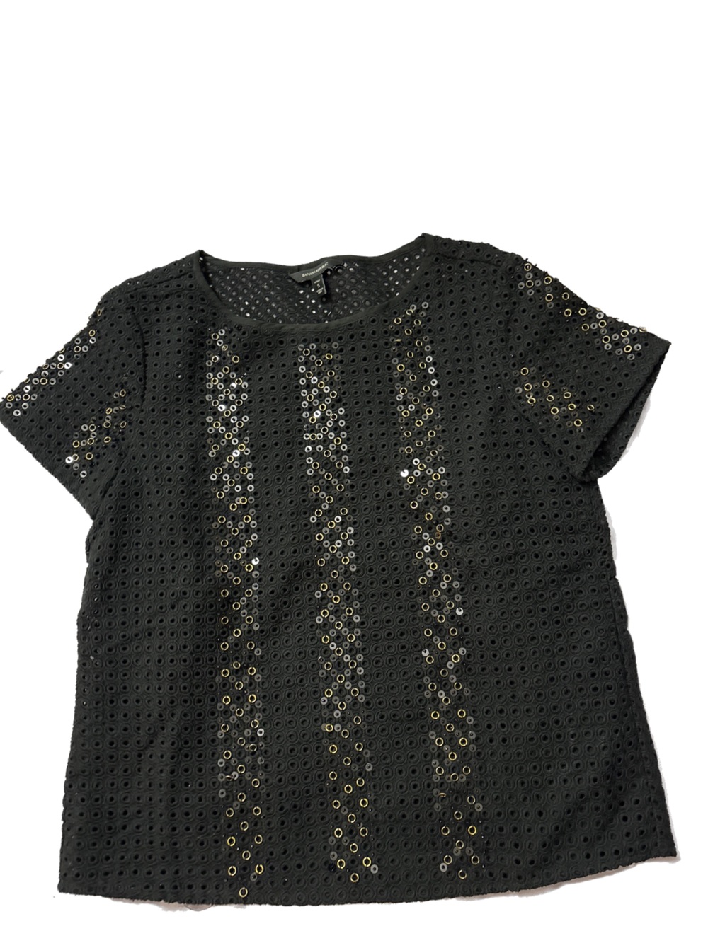 Banana Republic Black Eyelet Short Sleeve Top with Gold Accents